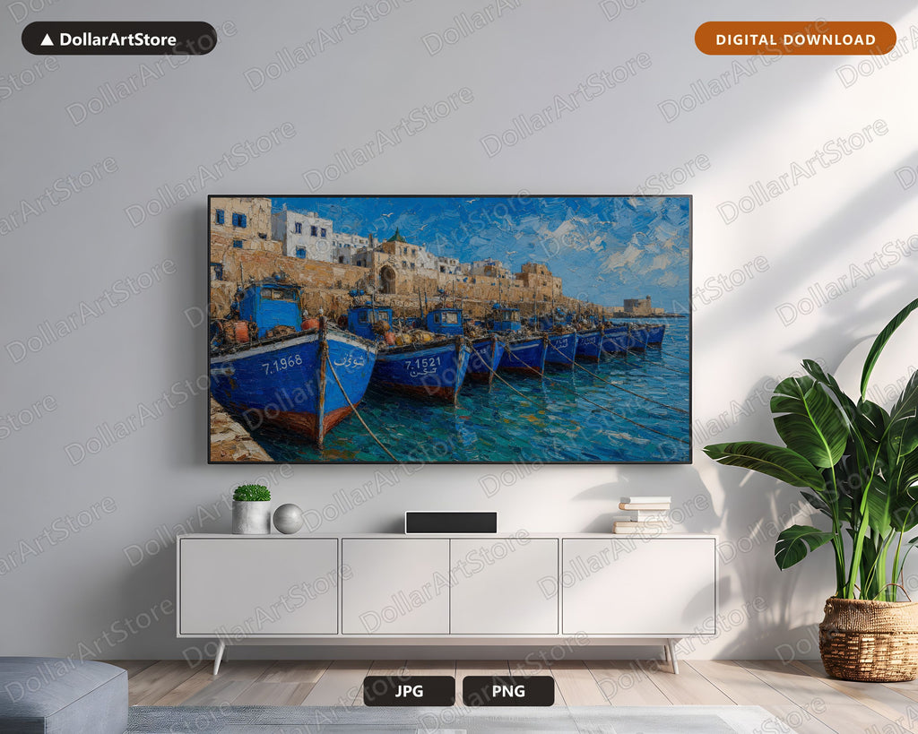 Cozy Coastal Frame TV Art, Blue Fishing Boats Scenery, Samsung Frame TV Digital Download 4K