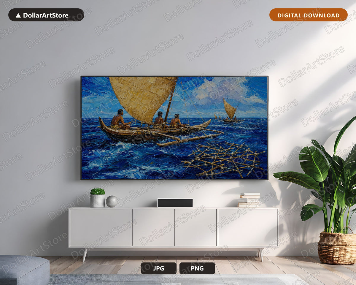 Cozy Ocean Outrigger Frame TV Art, Samsung Frame TV Digital Download, 4K Scenic Water Art