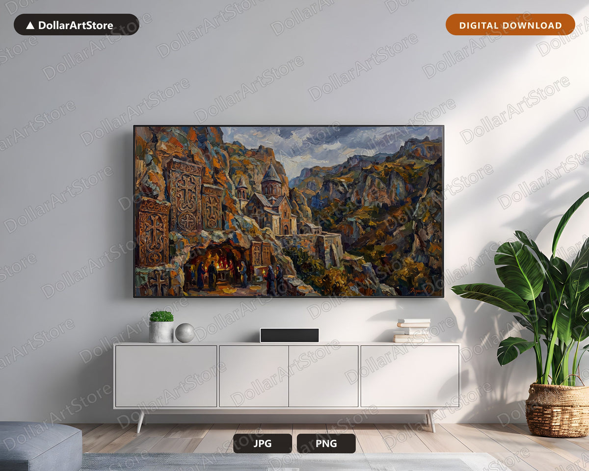 Cozy Monastery Frame TV Art, Armenian Cave Church Landscape, Samsung Frame TV Digital Download, 4K Textured Scenery Art