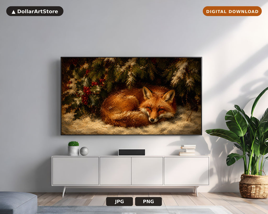 Cozy Fox Winter Frame TV Art, Samsung Frame TV Digital Download, 4K Textured Holiday Scenery