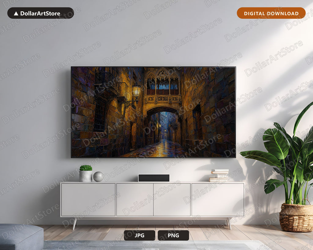 Moody Gothic Alley Frame TV Art, Barcelona Street Samsung Frame Digital Download, Dark Textured 4K TV Screensaver