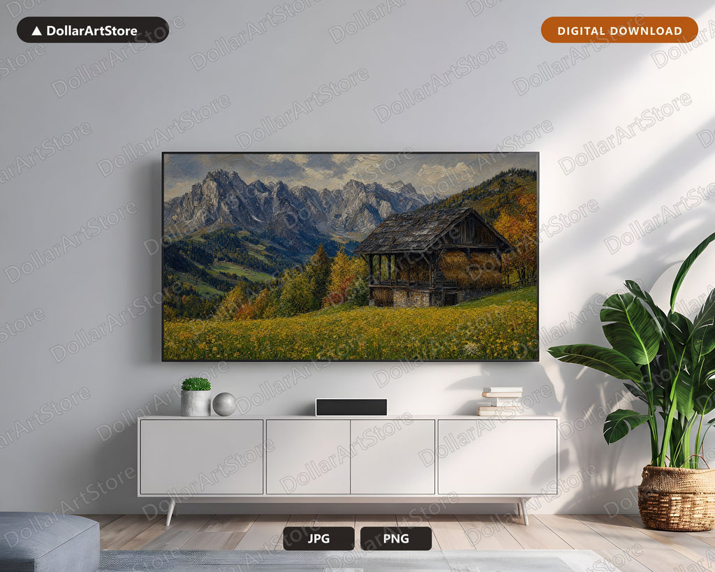 Cozy Rustic Frame TV Art, Alpine Mountain Cottage Samsung Frame TV Digital Download, 4K Textured Scenery