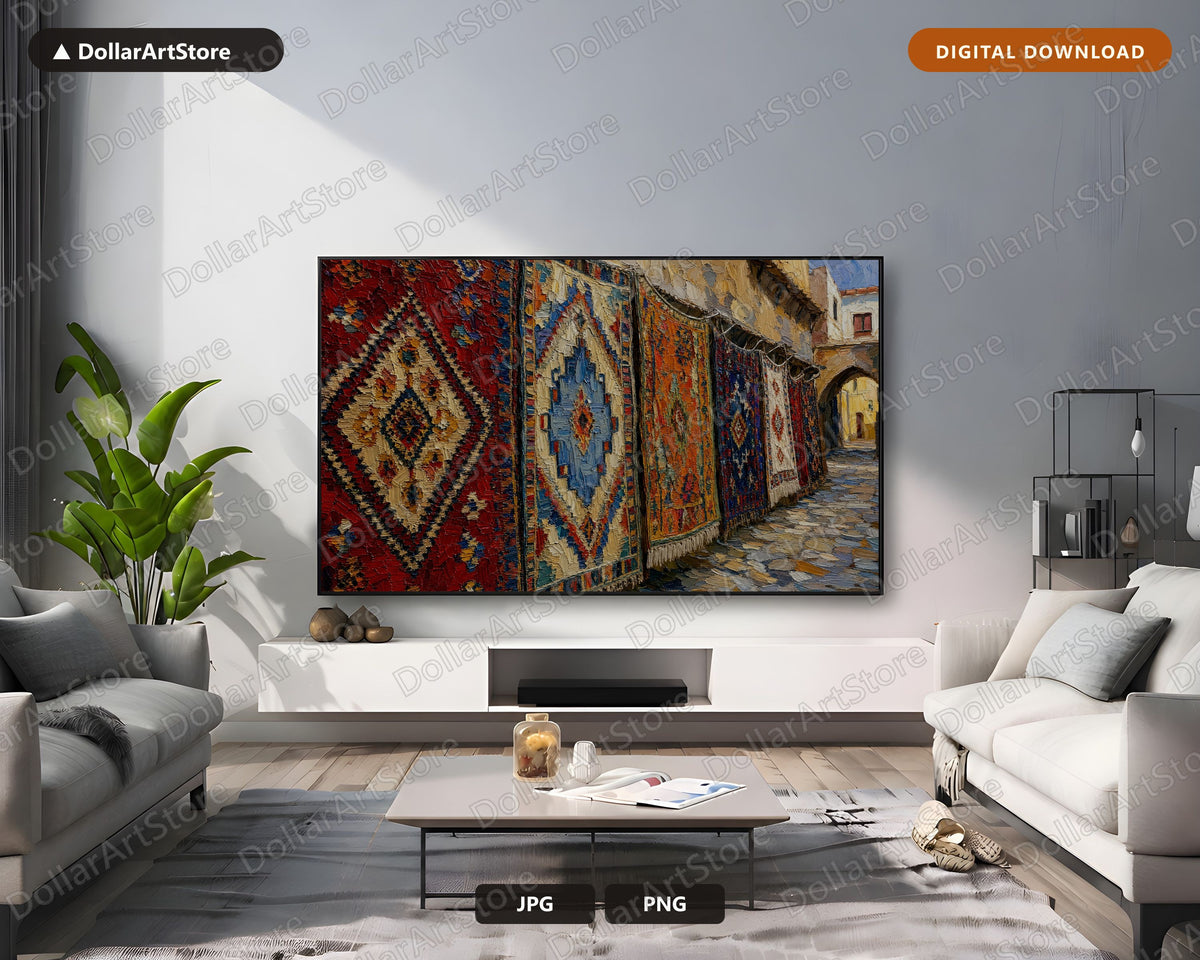 Cozy North African Textured Frame TV Art, Samsung Frame TV Digital Download, Moroccan Rug Market Screensaver 4K