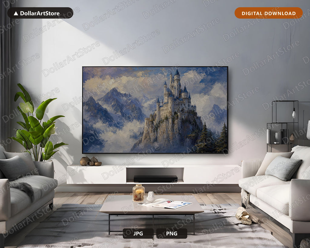 Cozy Castle Landscape Frame TV Art, Samsung Frame TV Digital Download, 4K Textured Mountain Scenery