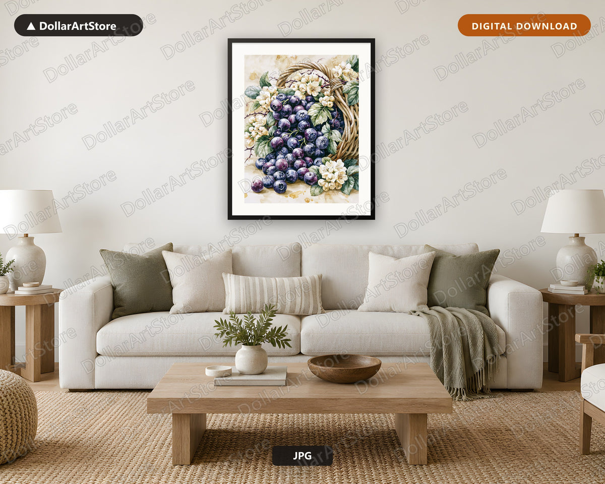 Blueberries Watercolor Floral Basket Printable Wall Art