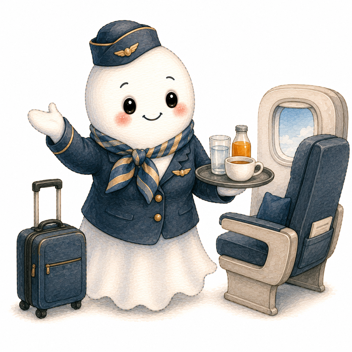 A cute cartoon illustration of a smiling flight attendant character in a navy blue uniform and hat, holding a tray with a drink and cup beside an airplane seat and a matching suitcase on a white background.