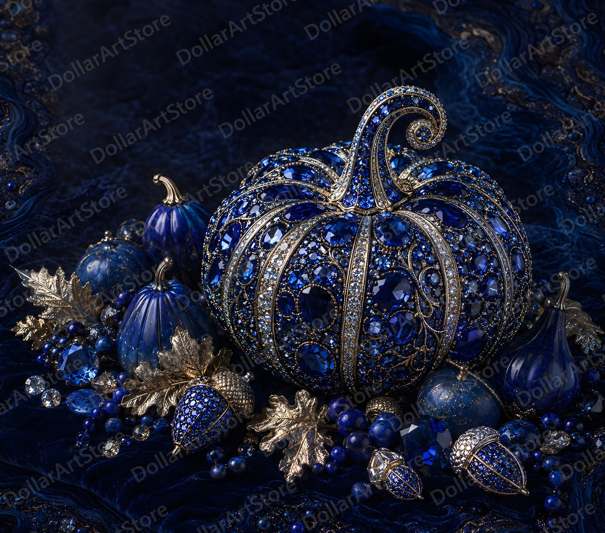 Opulent Blue Gold Pumpkin Tumbler Wrap PNG, 20 oz Skinny Tumbler Sublimation Design