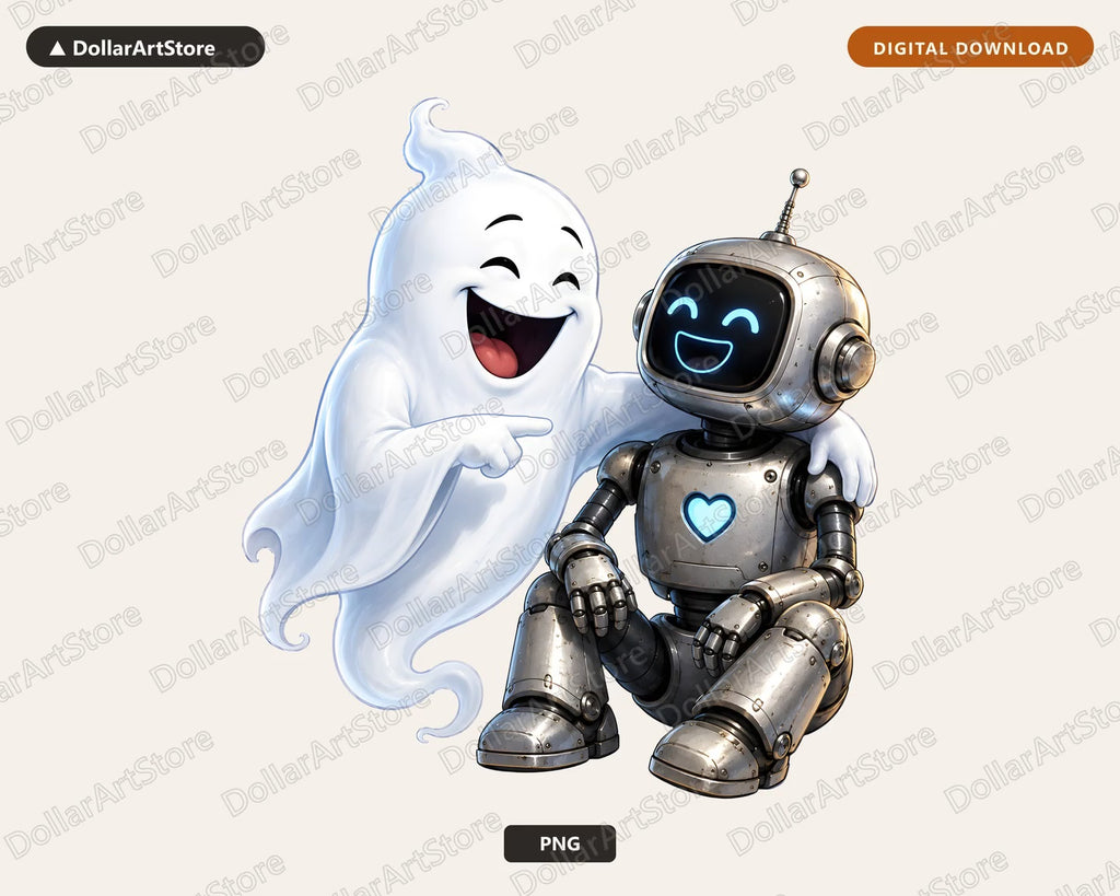 Cute Halloween Ghost and Robot PNG, Sublimation Shirt Design Digital Download
