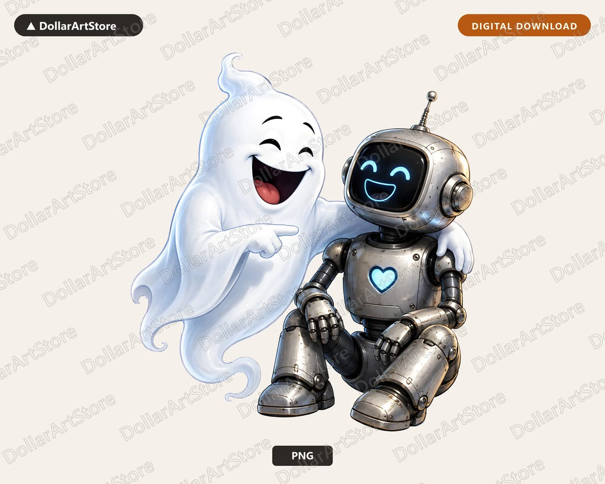 Cute Halloween Ghost and Robot PNG, Sublimation Shirt Design Digital Download