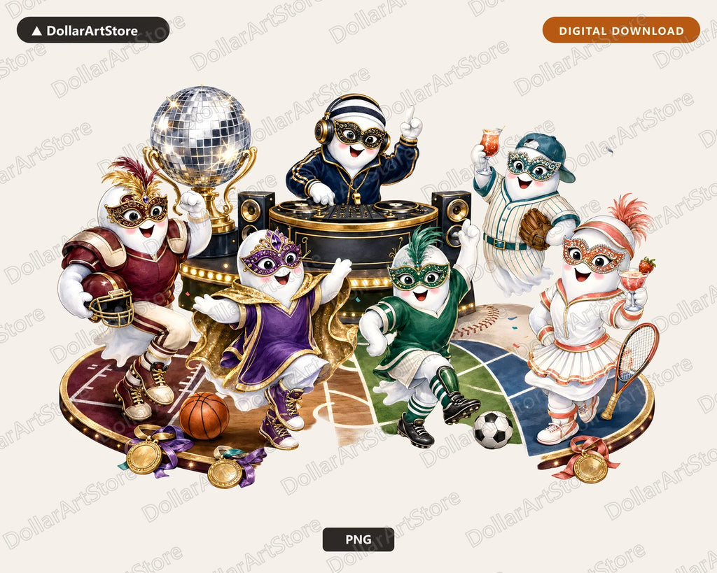 Cute Ghost Masquerade Party Characters PNG, Sports Costume Celebration Design for Sublimation Digital Download
