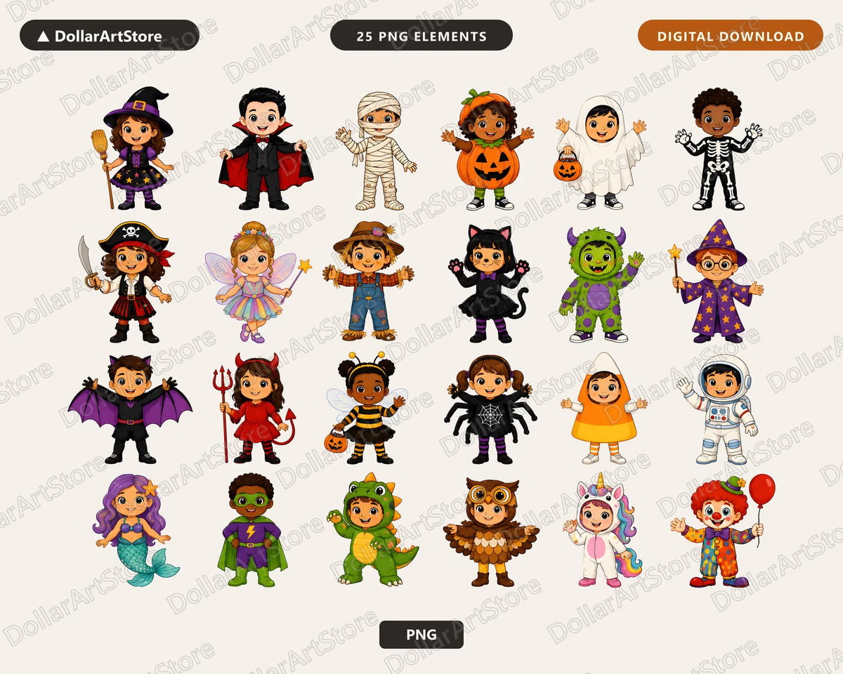 Halloween Costume Kids PNG, 16 Cute Characters, Sublimation Design