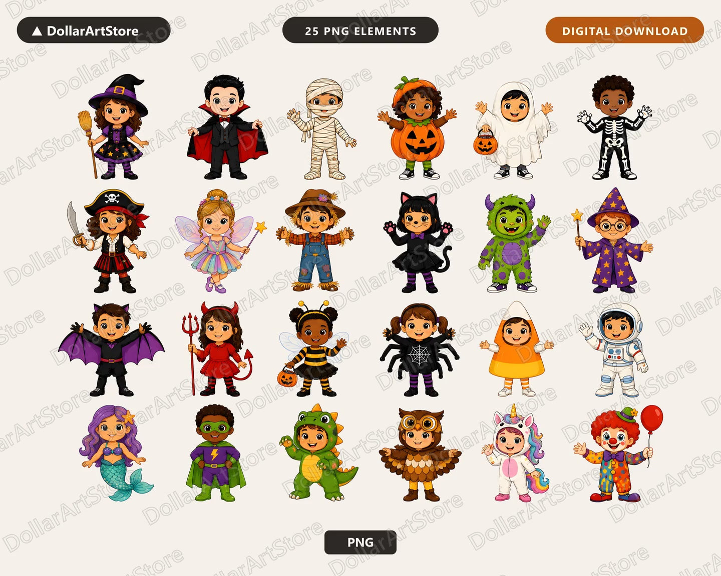Halloween Costume Kids PNG, 16 Cute Characters, Sublimation Design