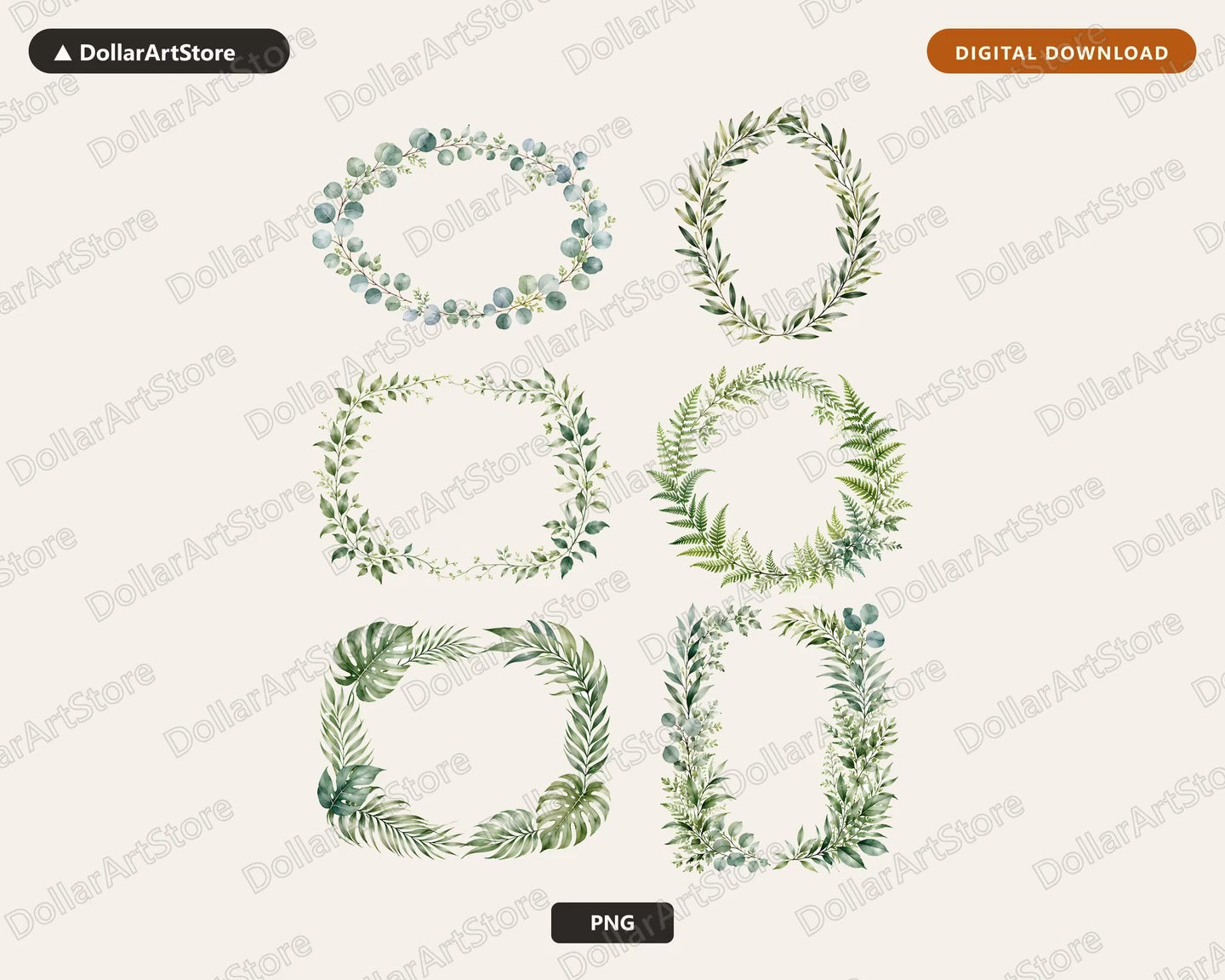 Botanical Frames Clipart PNG - 6 Watercolor Leaf Borders, Digital Download