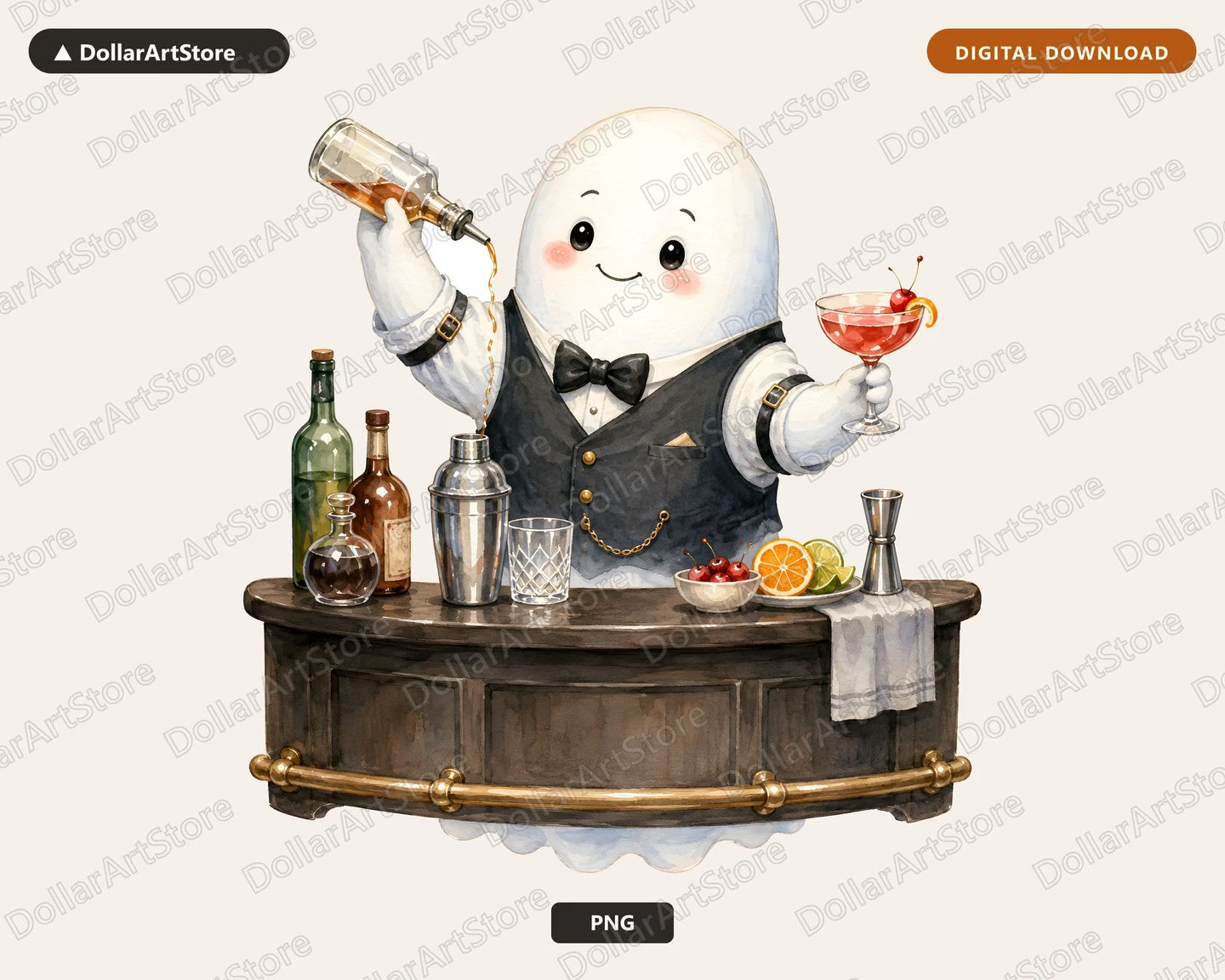 Cute Bartender Ghost PNG, Sublimation Design, Digital Download