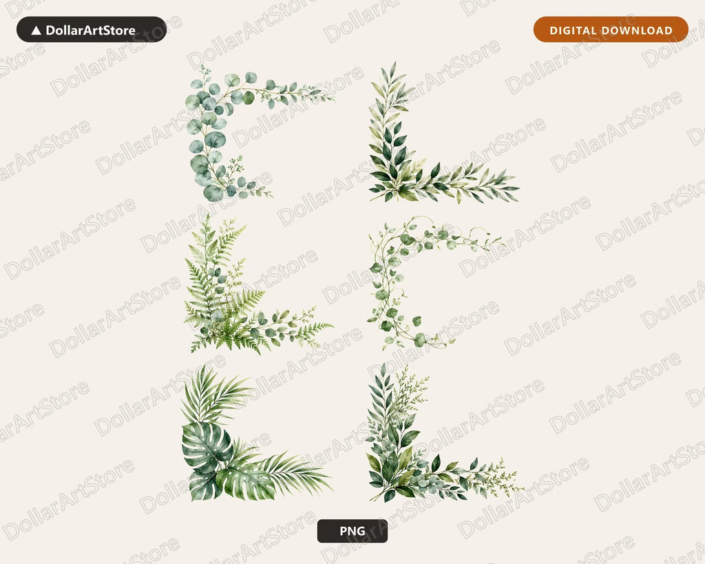 Watercolor Greenery Clipart PNG, Botanical Borders & Leaf Clip Art, Digital Download