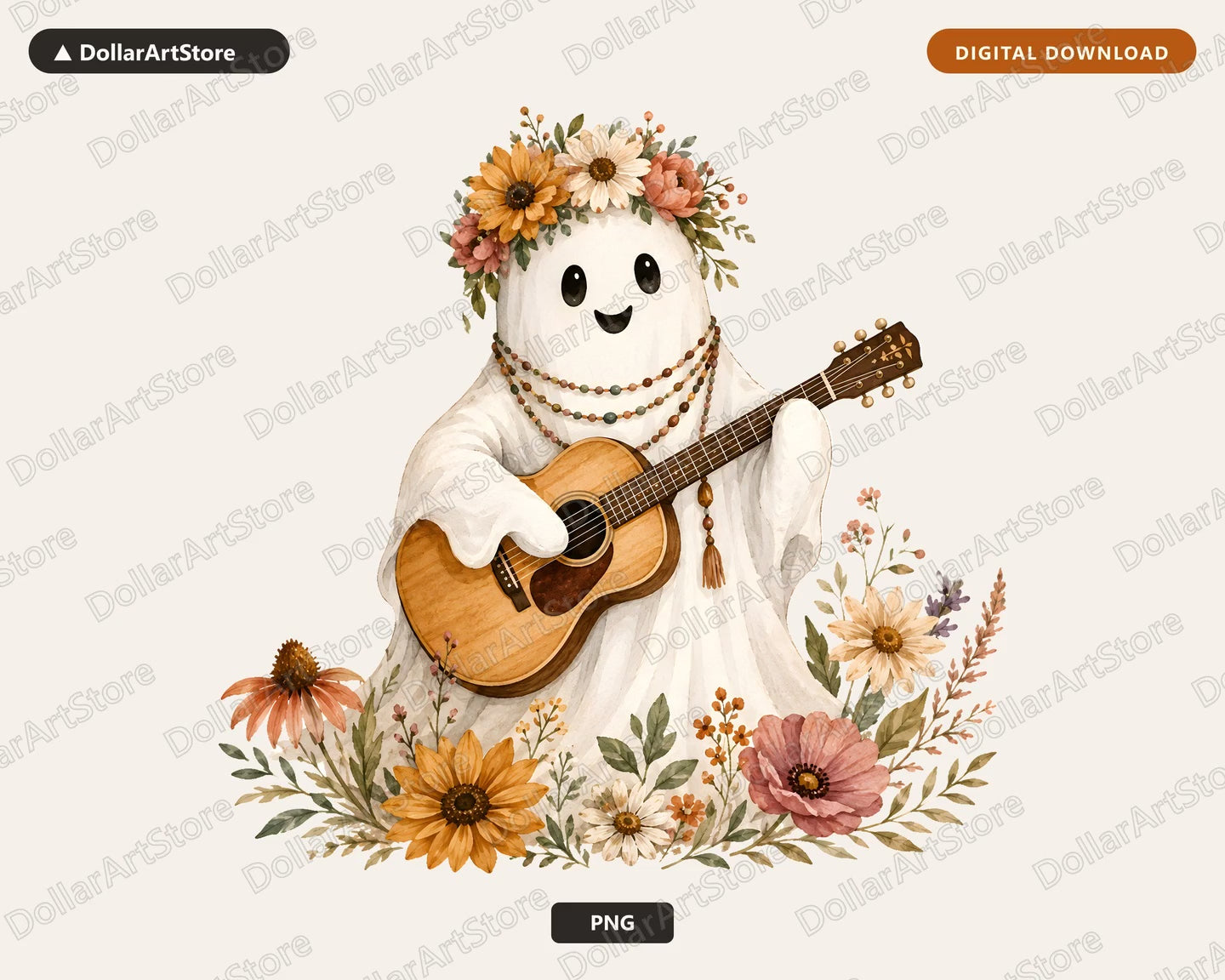 Boho Ghost PNG Sublimation Design, Acoustic Guitar Fall Floral Shirt Design