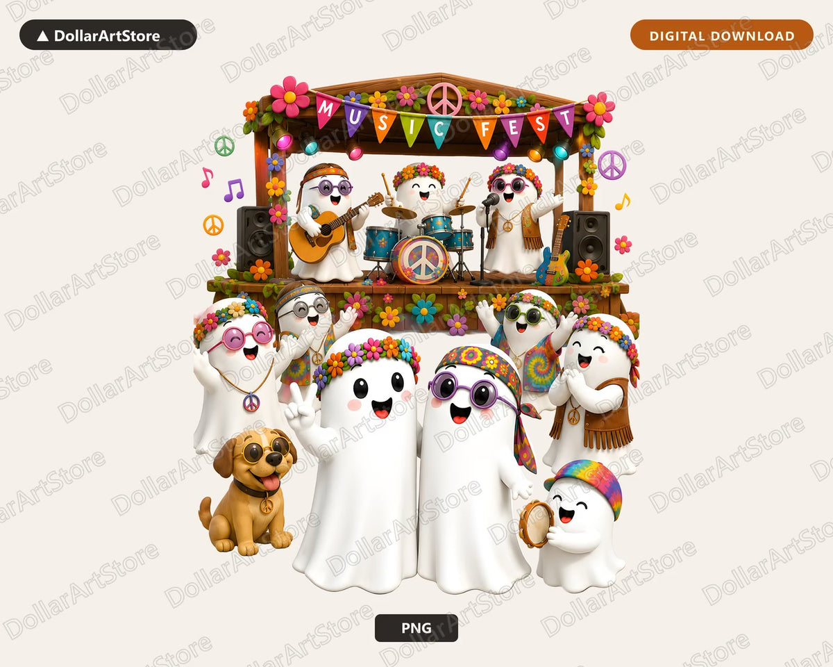 Cute Halloween Ghost PNG Sublimation Design, Groovy Music Festival Shirt Design Digital Download