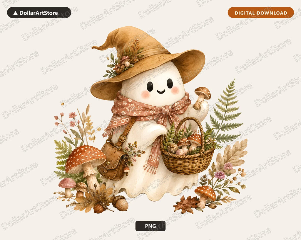 Boho Ghost PNG, Autumn Mushroom Design, Sublimation Shirt & Tumbler Print