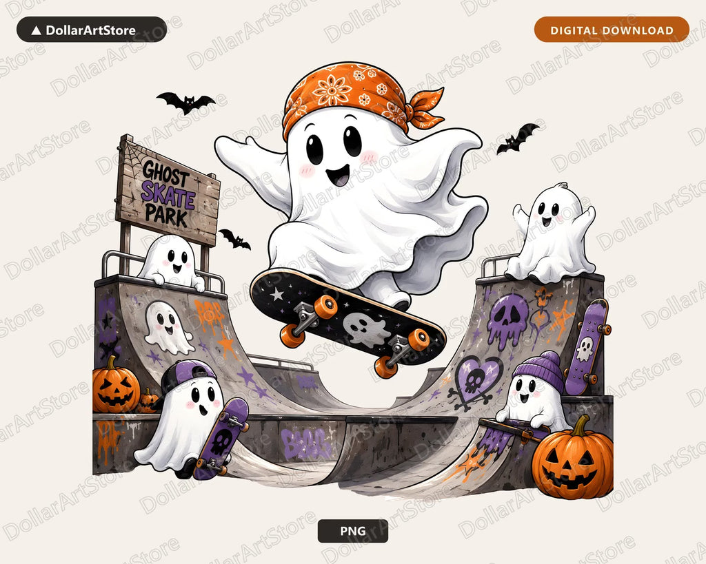 Cute Halloween Ghost Skate Park PNG, Sublimation Design, Shirt Design Digital Download