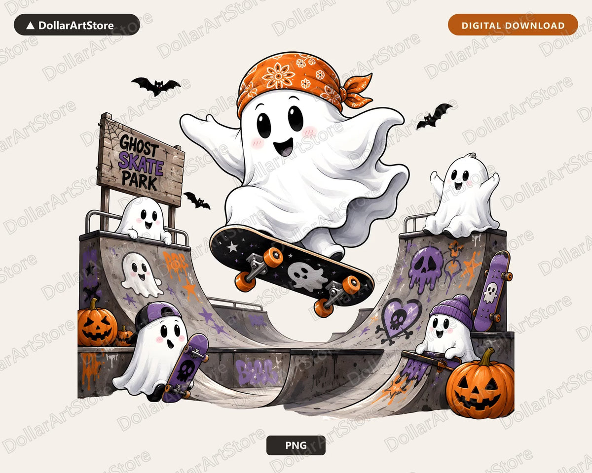 Cute Halloween Ghost Skate Park PNG, Sublimation Design, Shirt Design Digital Download
