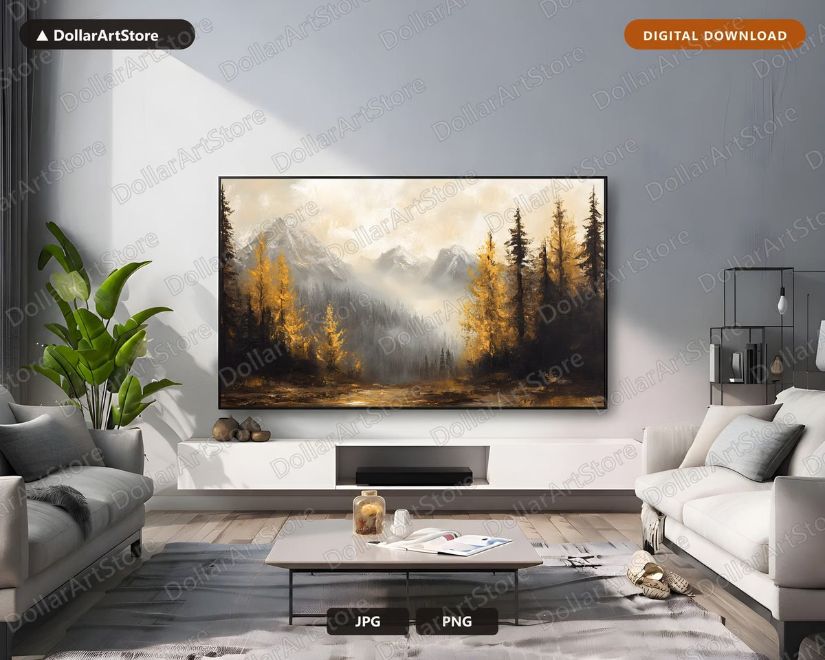 Moody Autumn Landscape Frame TV Art, Misty Mountains Golden Larch, Samsung TV Digital Download 4K