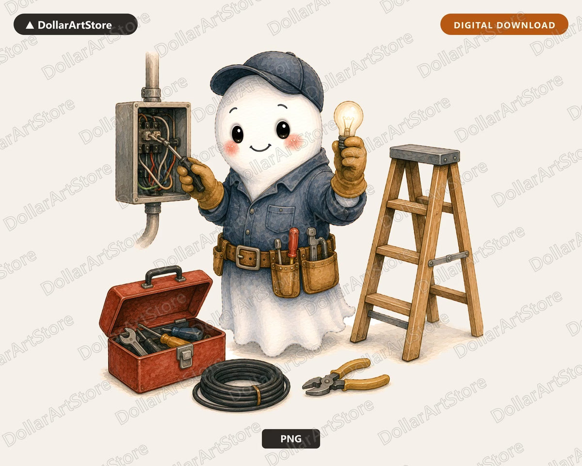 Electrician Ghost PNG, Cute Worker Character Sublimation Design Digital Download