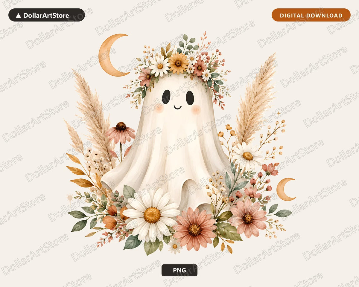 Boho Ghost PNG, Autumn Floral Sublimation Design, Fall Shirt Design Digital Download