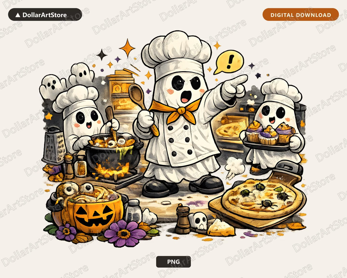Cute Halloween Ghost Chef PNG, Sublimation Design, Shirt & Mug Design