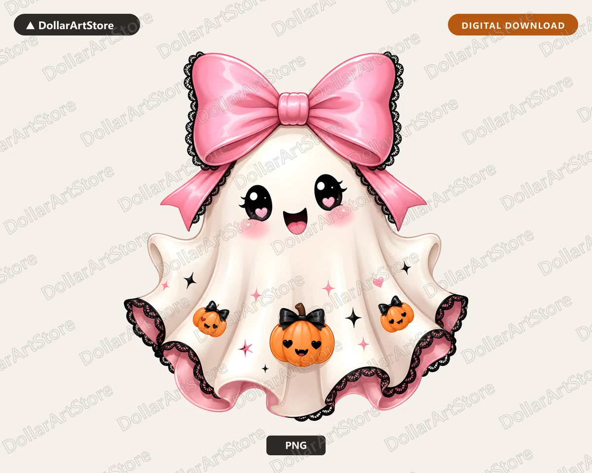 Cute Halloween Ghost PNG, Pink Bow Sublimation Design, Shirt & Tumbler PNG