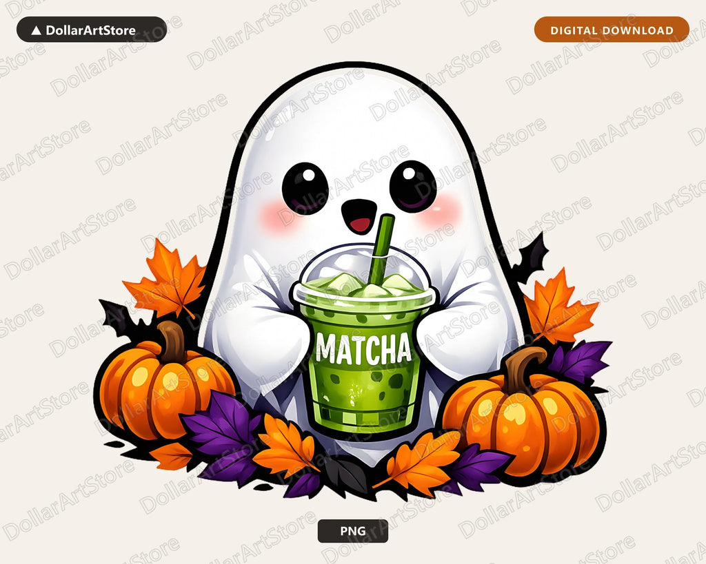 Cute Ghost Matcha PNG, Halloween Sublimation Design, Shirt & Tumbler Print