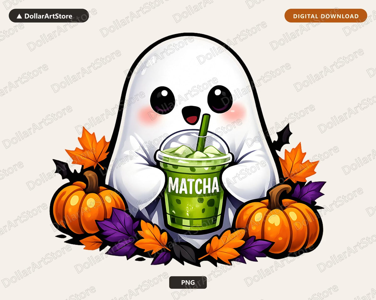 Cute Ghost Matcha PNG, Halloween Sublimation Design, Shirt & Tumbler Print