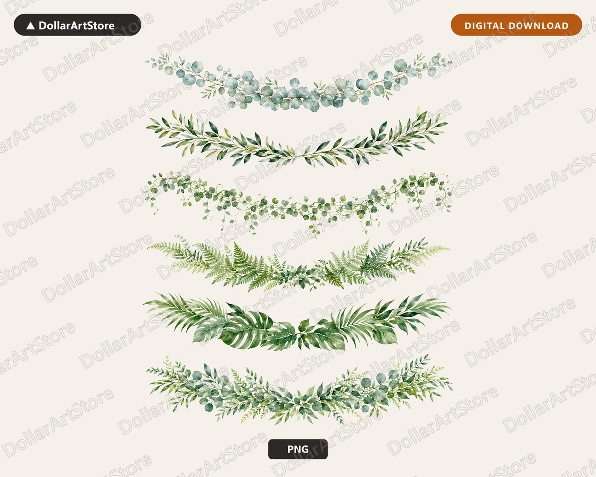 Watercolor Greenery Garland Clipart PNG, Eucalyptus Leaf Clip Art