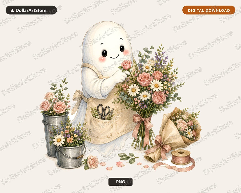 Cute Ghost PNG Sublimation Design, Florist Ghost Shirt, POD Digital Download
