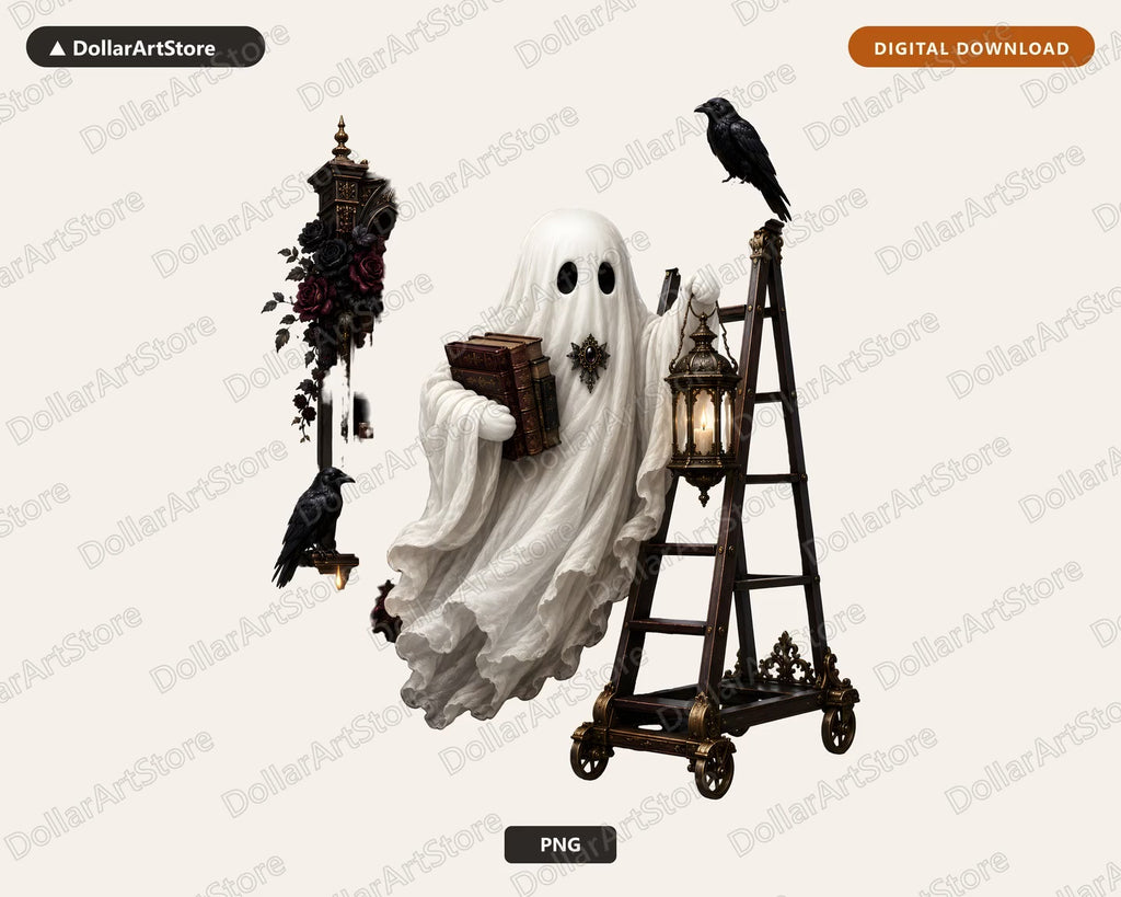 Bookish Ghost PNG Sublimation Design | Gothic Halloween Shirt Design Digital Download