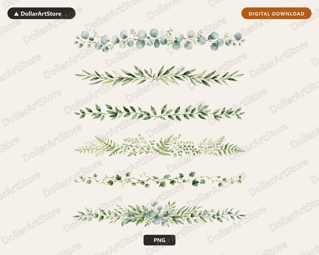 Watercolor Horizontal Divider Clipart PNG, Botanical Leaf Border Line Art, Digital Download