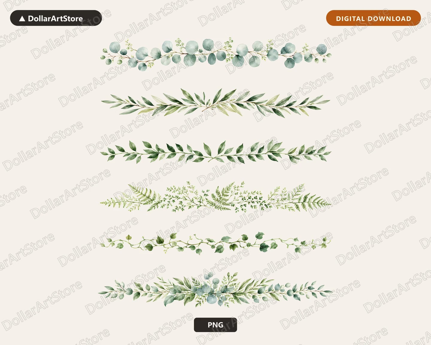 Watercolor Horizontal Divider Clipart PNG, Botanical Leaf Border Line Art, Digital Download