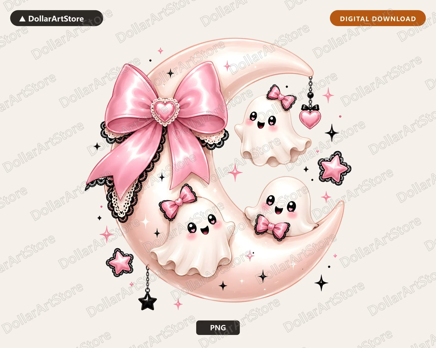 Cute Ghost PNG Sublimation Design, Pink Bow Moon, Shirt & Tumbler Print