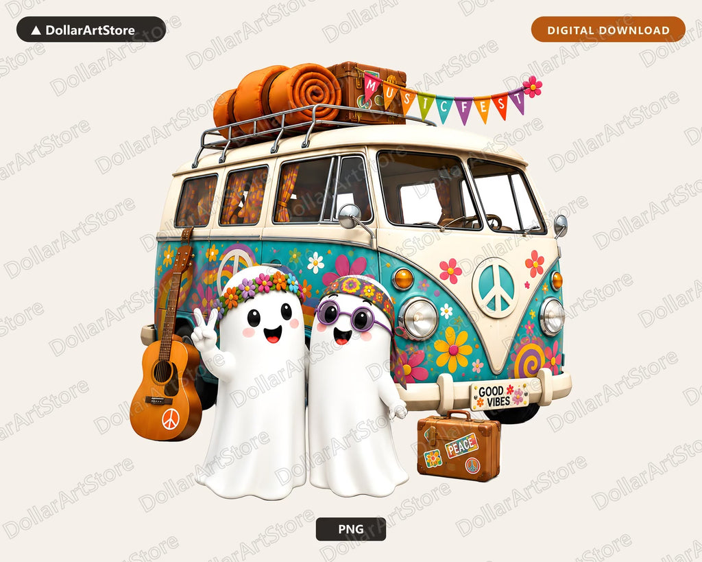 Cute Halloween Ghost PNG, Groovy VW Van, Sublimation Design, Shirt & Tumbler
