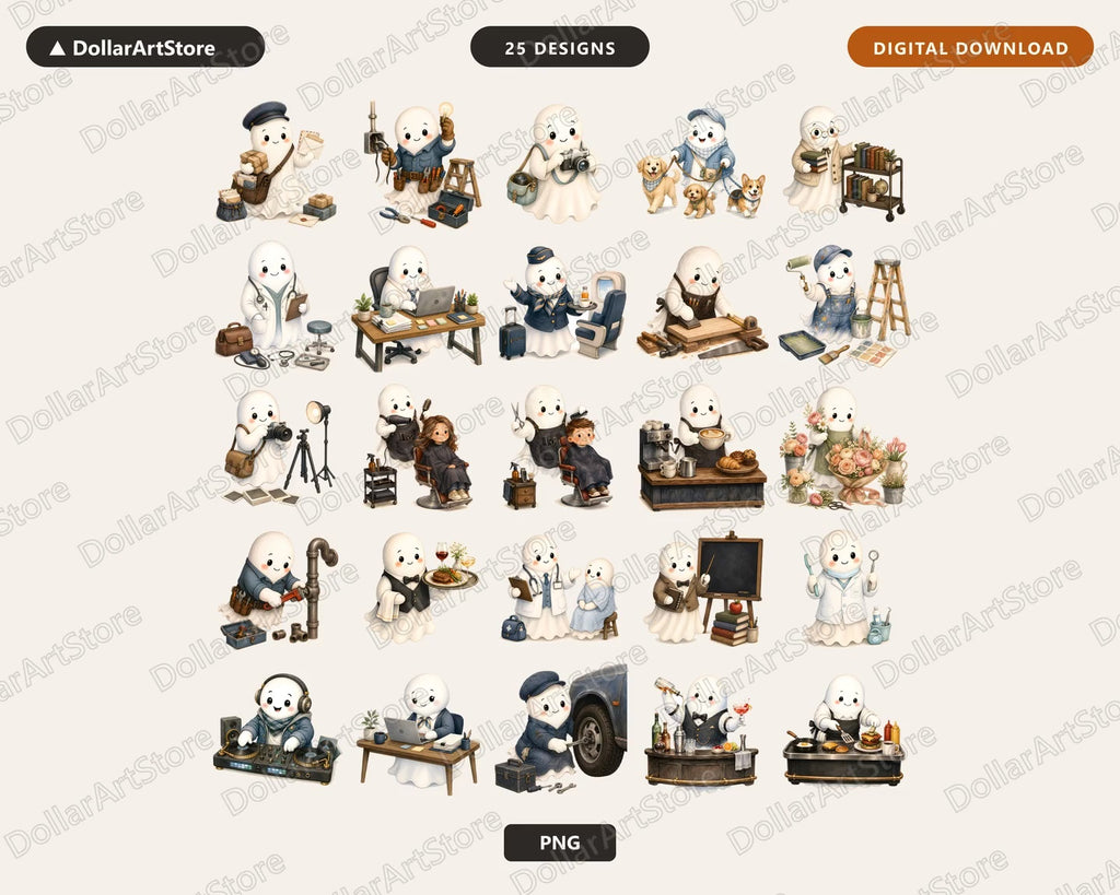 25 Cute Ghost Professions PNG Bundle, Sublimation Designs Digital Download