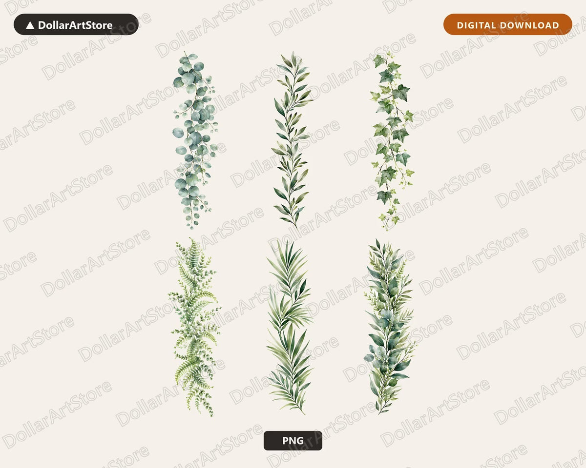 Watercolor Botanical Borders Clipart PNG, Vertical Plant Leaf Clip Art