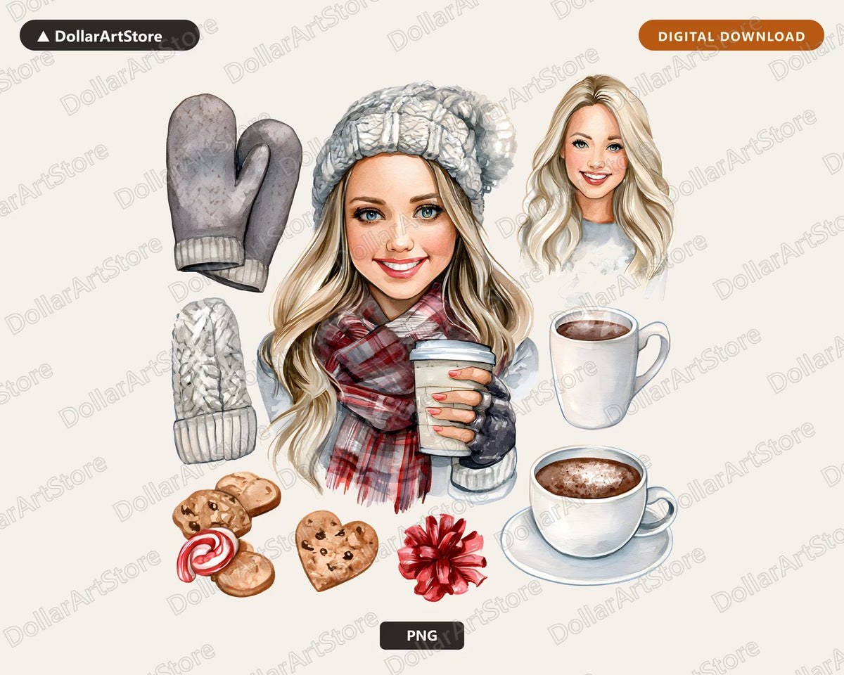 Winter Woman Clipart PNG, Cozy Fashion Clip Art, Hot Chocolate Accessories Digital Download