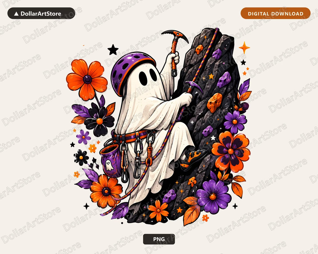 Cute Halloween Ghost PNG, Sublimation Shirt Design, Reaper Climbing Rock