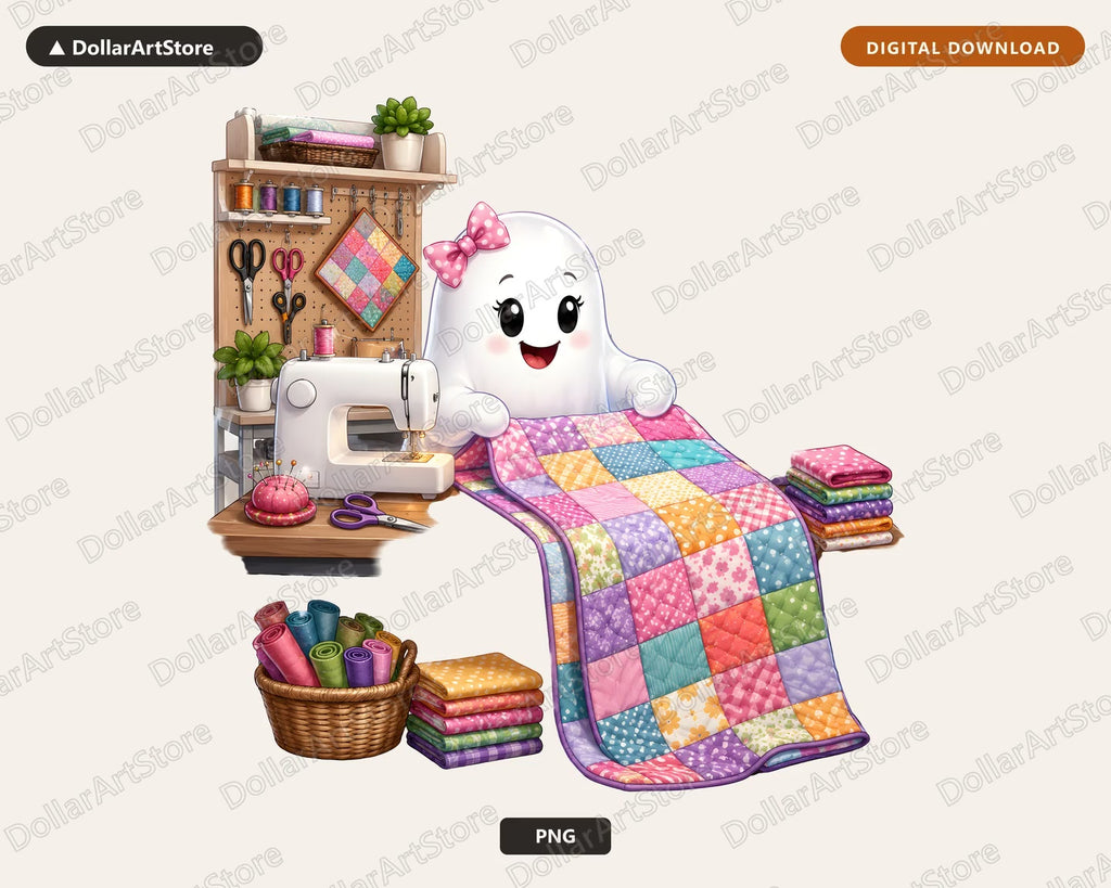 Cute Sewing Ghost PNG, Sublimation Design, Crafts Digital Download