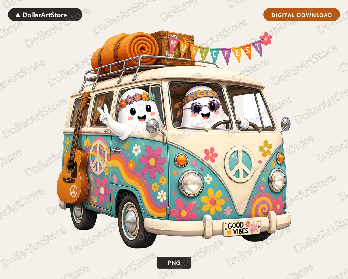 Retro Hippie Van PNG, Cute Ghost Characters, Sublimation Design Digital Download
