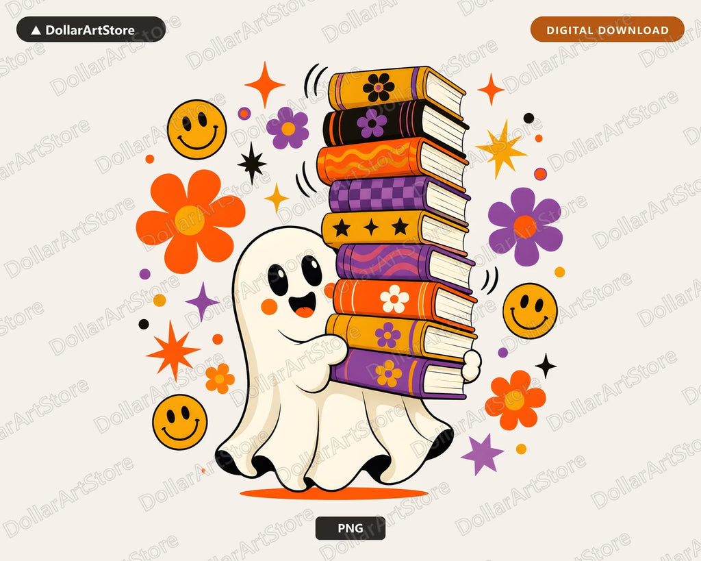 Bookish Ghost PNG, Retro Sublimation Design, Groovy Shirt Design Digital Download