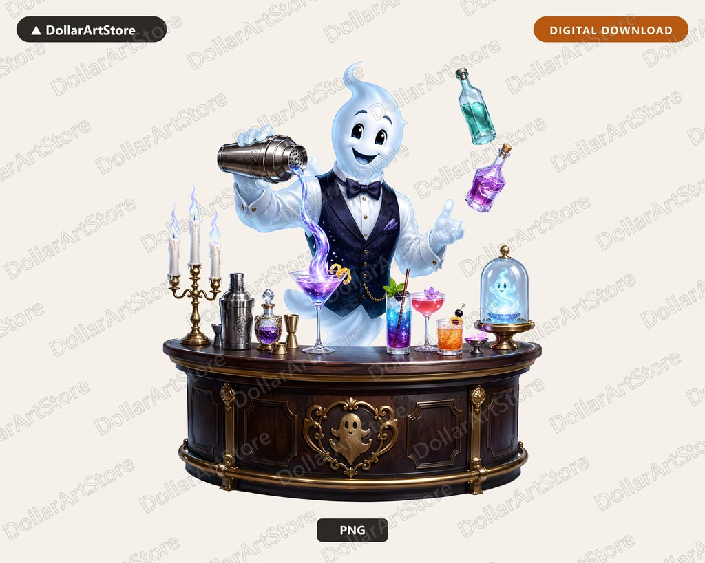 Cute Ghost Bartender PNG, Halloween Sublimation Design, Digital Download