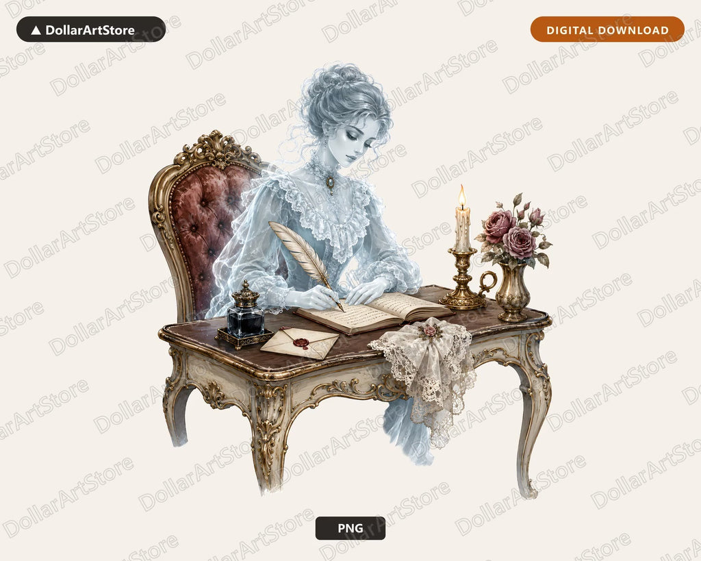 Bookish Ghost PNG, Victorian Spirit Design, Sublimation Digital Download
