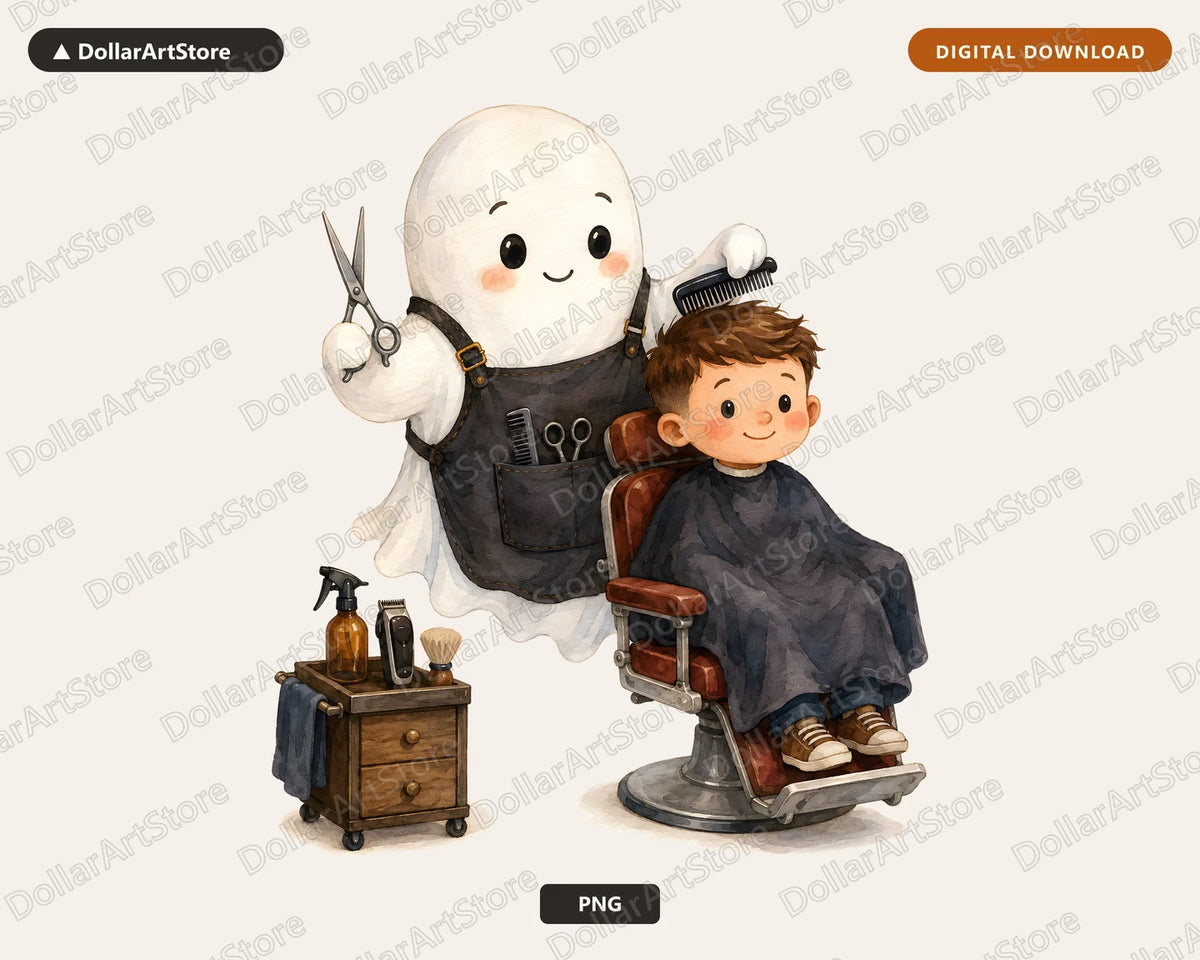 Cute Ghost Barber PNG, Sublimation Design, Shirt & Tumbler Graphic Download