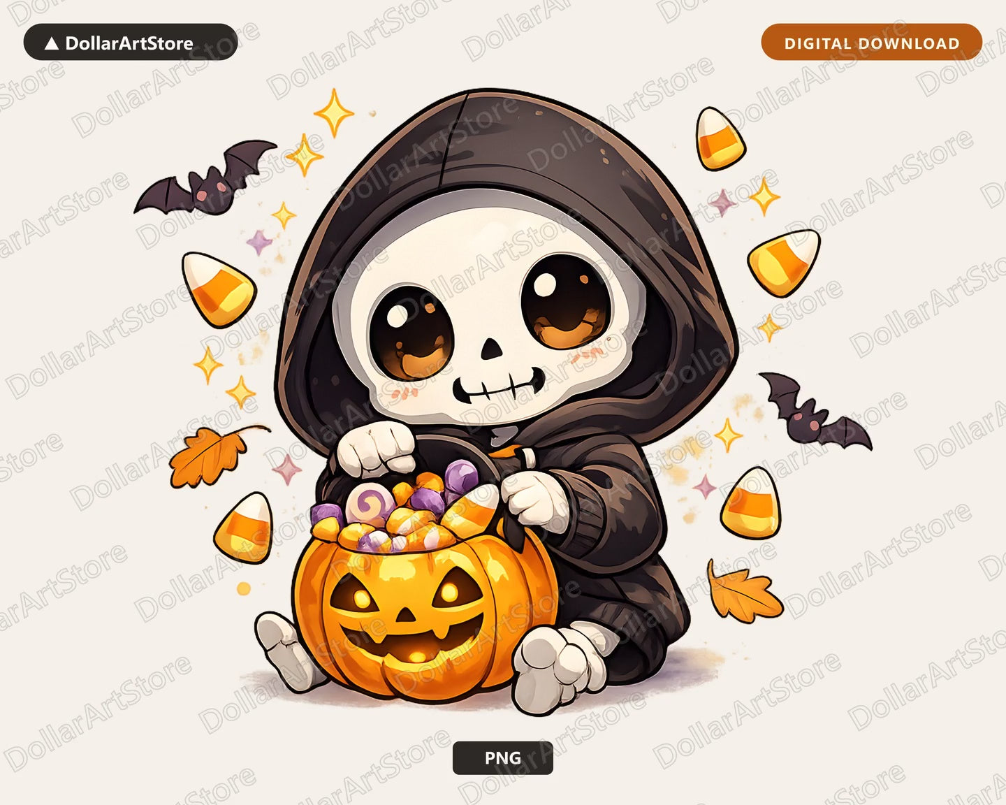 Cute Skeleton Grim Reaper PNG, Halloween Sublimation Design, Shirt & Tumbler