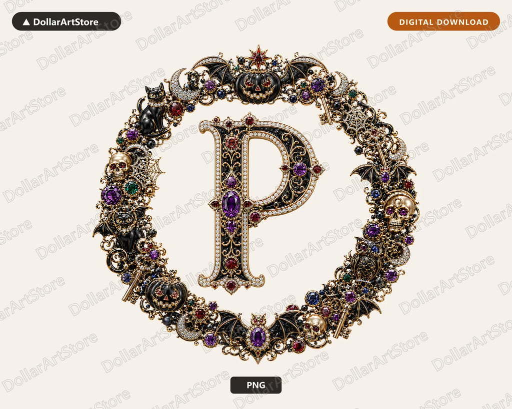 Halloween Monogram Letter P PNG, Gothic Sublimation Design, Shirt Print Digital Download